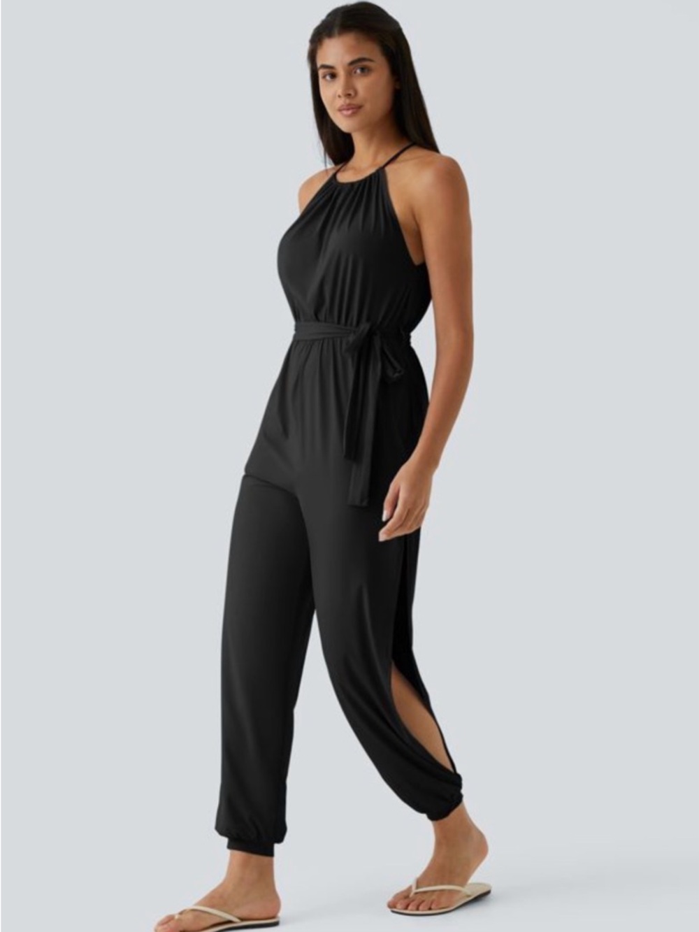 NWT Halara Sleeveless Tie Back Belted Pocket Cut Out Cool Touch Jumpsuit-UPF50+